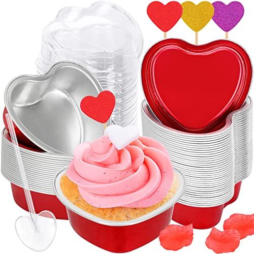 Colovis Heart Shaped Cake Pans, 36 Pack 3.4oz Red Mini Aluminum Foil Baking Cups with Lids Spoons Disposable Ramekins Cupcake Liners Kit for Valentine's Day Wedding Party (36 Pack) - CookCave