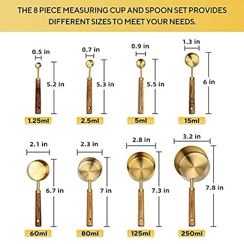 Muchtolove Measuring Cups and Spoons Set of 8, Golden Stainless Steel Measuring Cup with Wooden Handle, Kitchen/Food/Liquid/Baking - CookCave