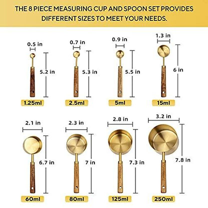 Muchtolove Measuring Cups and Spoons Set of 8, Golden Stainless Steel Measuring Cup with Wooden Handle, Kitchen/Food/Liquid/Baking - CookCave