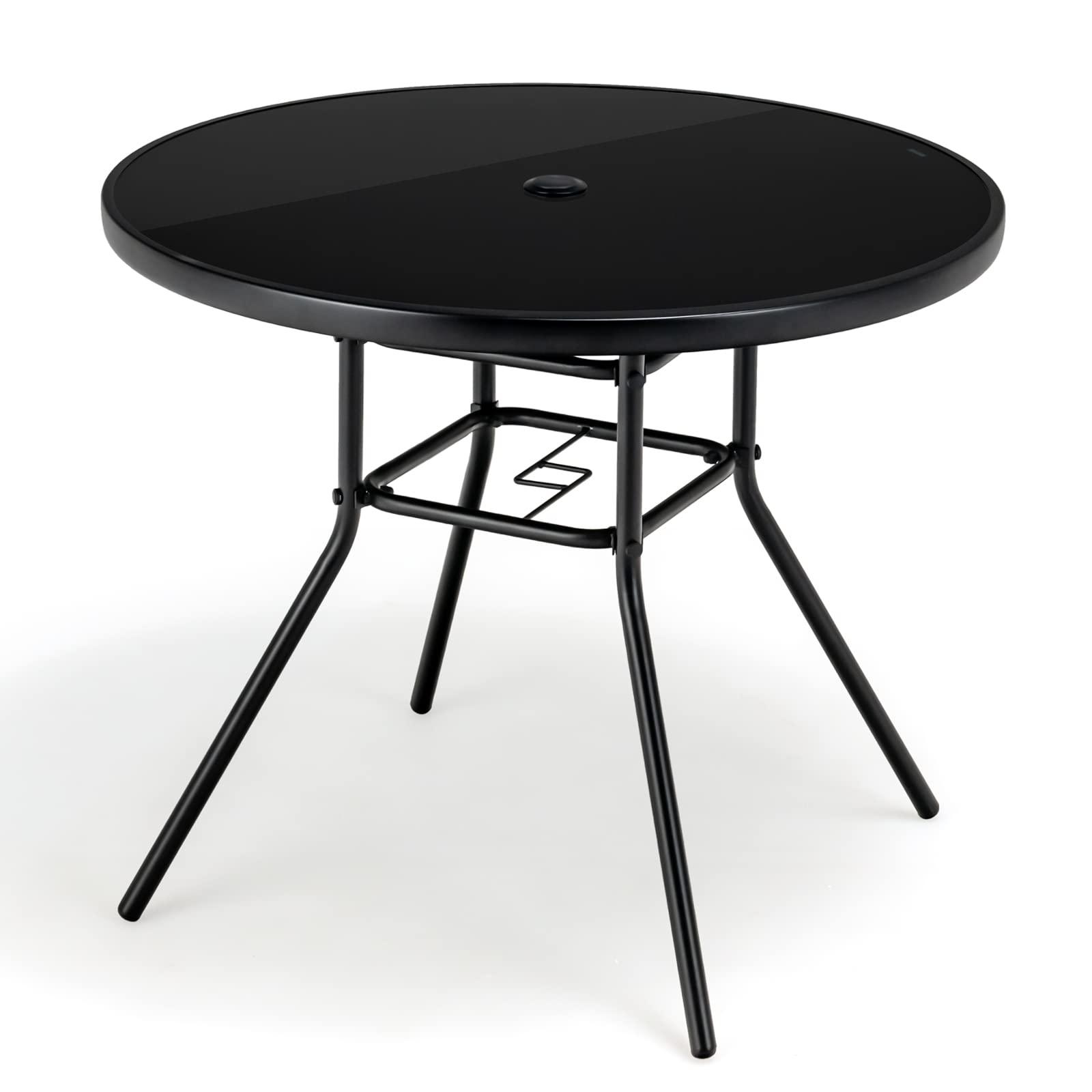 Tangkula 34 Inch Patio Dining Table, Round Tempered Glass Table with 1.5” Umbrella Hole, Heavy-Duty Metal Frame, Outdoor Metal Dining Table for Garden, Balcony, Porch - CookCave