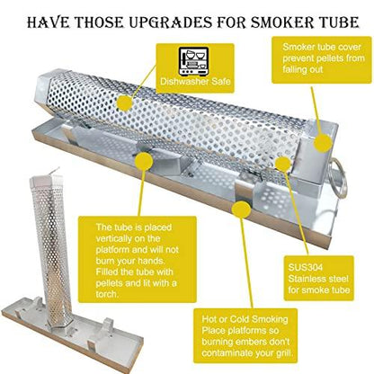 FMOON Upgraded Pellet Smoker Tube With Cold/Hot Smoking Place Platforms ,12" Wood Pellet Tube Smoker With Heat Resistant Glove and 2 Hooks and 1 Brush and 1 Smoke Tube Cover - CookCave