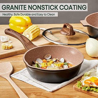 Ecowin Nonstick Deep Frying Pan Skillet with Lid, 10 Inch/ 3Qt Granite Coating Saute Pan, Non Stick Fry Pan for Cooking with Bakelite Handle, Induction Compatible, Dishwasher and Oven Safe, PFOA Free - CookCave