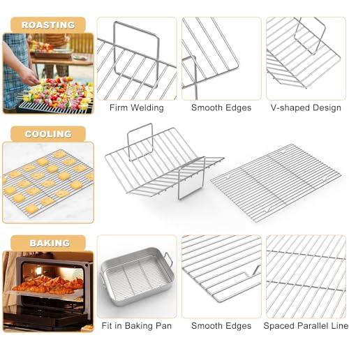 Roasting Pan, EWFEN 17*13 Inch Stainless Steel Turkey Roaster with Rack - Deep Broiling Pan & V-shaped Rack & Flat Rack, Non-toxic & Heavy Duty, Great for Thanksgiving Christmas Roast Chicken Lasagna - CookCave