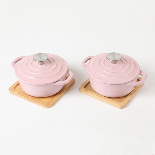 HAWOK Enameled Cast Iron Mini Round Cocotte Set, 0.7QT Mini Dutch Ovens with Lids and Bamboo Trays, 667ml/22.57oz/2.82cups, Set of 2, Pink - CookCave