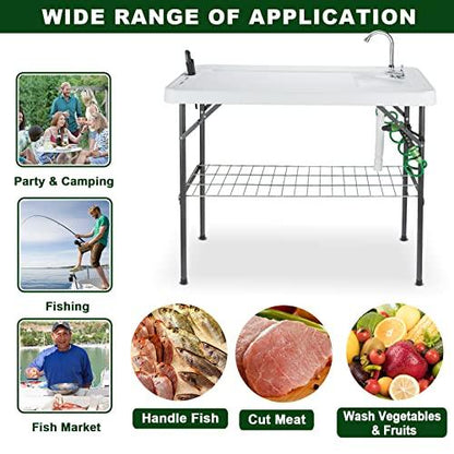 Hupmad 37" Folding Fish Cleaning Table w/Faucet & Sink, Outdoor Portable Fillet Station w/Grid Frame, Knife & Standard Garden Spray Nozzle, Multifunctional Washing Table for Camping or Kitchen, Grey - CookCave