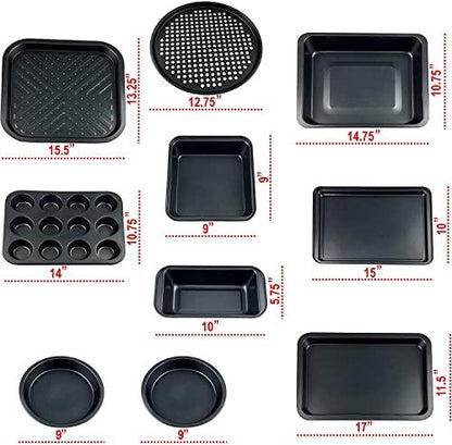 Perlli Baking Pan 10 Piece Set Nonstick Carbon Steel Gray Oven Bakeware Kitchen Set, 2 Cookie Sheets, 2 Round Cake Pans, Square Pan, Roasting Pan, Loaf Pan, Crisp Pan, Pizza Crisper, & Muffin Pan - CookCave