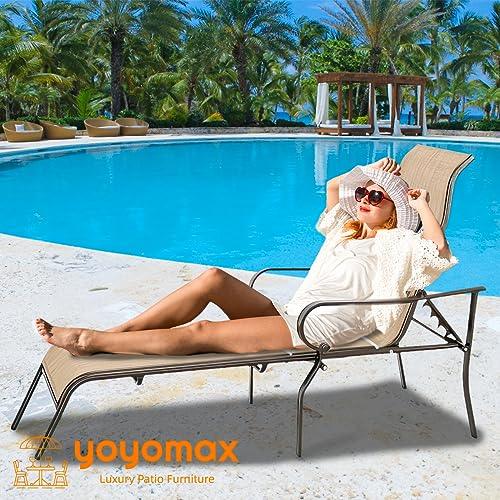 yoyomax Chaise Lounge Outdoor w/Adjustable Back in 5 Reclining Levels, Sturdy Metal Frame, Sunbathing Chair for Beach, Yard, Balcony, Poolside, Beige - CookCave