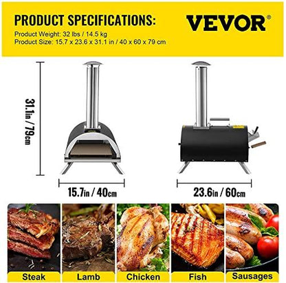 VEVOR Wood Fired Oven for Outside 12", Stainless Steel Portable Pizza Oven, Wood Pellet Burning Pizza Maker Ovens with Accessories for Outdoor Cooking. (Arched) - CookCave