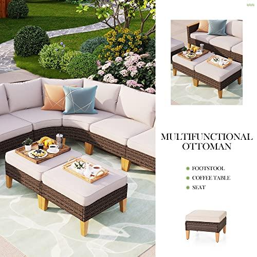 PHI VILLA 7-Piece Wicker Patio Conversation Set, Outdoor Rattan Sectional Furniture Patio Set for 7 Seats with Cushioned 2 x Single Sofa, 2 x Armrest Chair, 2 x Ottoman and 1 x Armless Sofa, Beige - CookCave