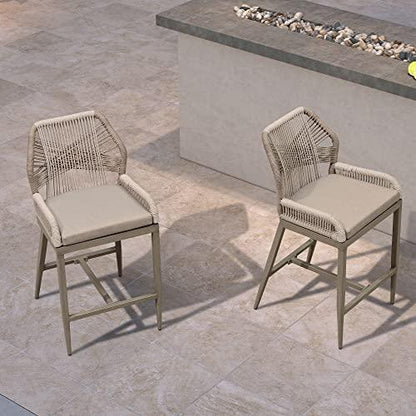 PURPLE LEAF Counter Height Bar Stools Set of 4 Woven Aluminum Modern Barstools with Back and Arms for Patio Balcony Pool Accent Outdoor Kitchen Counter Stool Chairs - CookCave