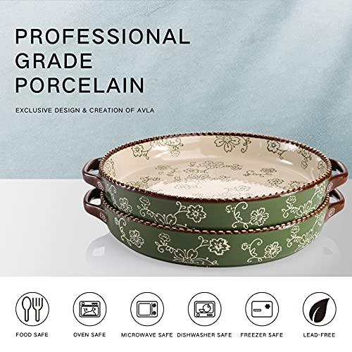 AVLA 2 Pack Ceramic Pie Pan, 9 Inch Round Baking Dish with Double Handle, 28 Ounce Deep Quiche Plate for Kitchen, Cooking, Roasting Lasagna (Sakura, Green) - CookCave