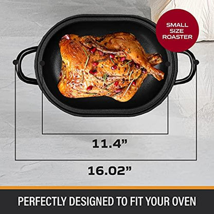 Granite Stone Oval Roaster Pan, Small 16” Ultra Nonstick Roasting Pan with Lid, Grooved Bottom for Basting, Broiler Pan for Oven, Dishwasher Safe, Up to 7lb Poultry/Roast, Serves 1-5, PFOA Free - CookCave