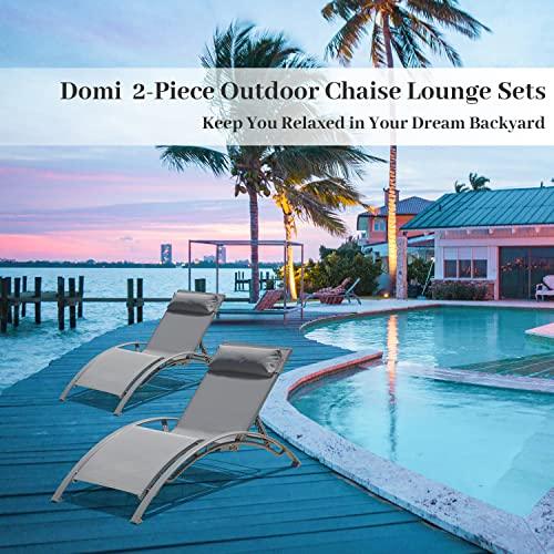 Domi Lounge Chair Set of 2, Aluminum Lounge Chairs for Outside with 5 Adjustable Positions, Chaise Lounge Outdoor for Pool, Garden, Beach, Camping, Backyard (Gray) - CookCave