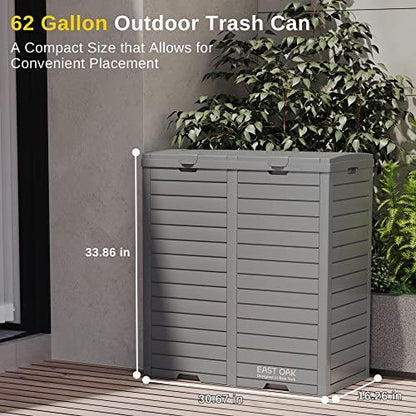 EAST OAK 62 Gallon Outdoor Trash Can, Waterproof Resin Garbage Can with Tiered Lid and Drip Tray, Outside Trash Bin for Patio, Backyard, Deck, Grey - CookCave