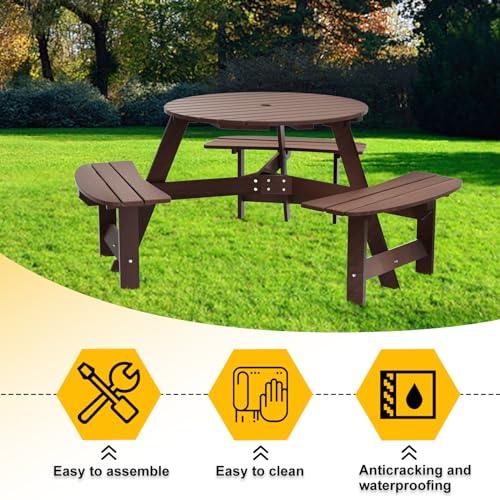 ROOMTEC 6 Person Wooden Picnic Benches, Outdoor Round Table with Umbrella Hold Design for Patio, Backyard, Garden, Adults and Kids, 1720lb Capacity, Brown - CookCave