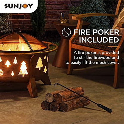 Sunjoy 30 in. Outdoor Wood-Burning Fire Pit, Patio Tree Motif Round Steel Firepit Large Fire Pits for Outside with Spark Screen and Poker - CookCave