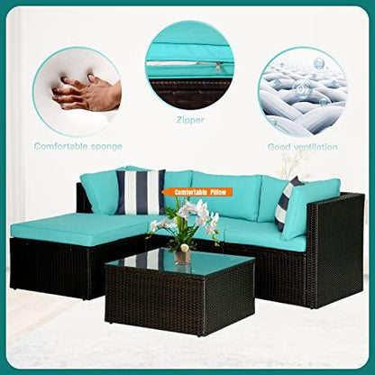 5 Pieces Rattan Patio Furniture Sets Modular Outdoor Conversation Sofa Set All Weather Wicker Sectional Sofa with 2 Corner Chair Armless Chair Ottoman Chair Glass Table 2 Pillow,Blue Cushion - CookCave