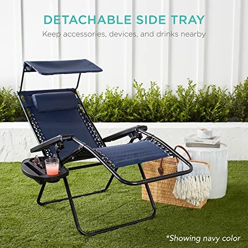 Best Choice Products Folding Zero Gravity Outdoor Recliner Patio Lounge Chair w/Adjustable Canopy Shade, Headrest, Side Accessory Tray, Textilene Mesh - Beige - CookCave
