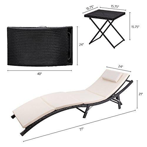 Devoko Patio Chaise Lounge Sets Outdoor Rattan Adjustable Back 3 Pieces Cushioned Patio Folding Chaise Lounge with Folding Table (Beige) - CookCave