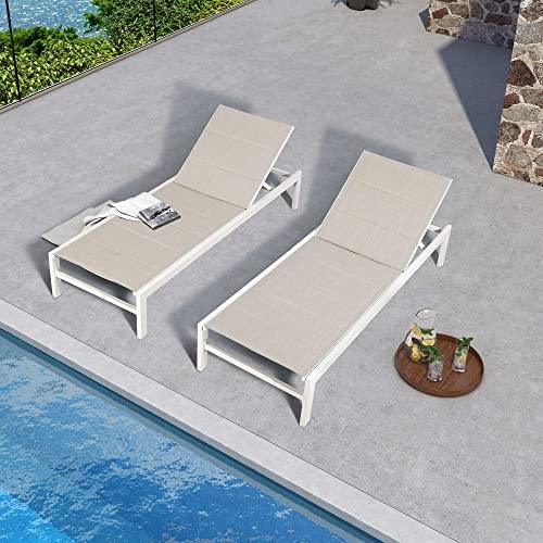Ulaxfurniture Outdoor Lounge Chair, Aluminum Chaise Chair, Adjustable Lounger Recliner with Wheels and Padded Quick Dry Foam for Patio (2 x Chair, Beige) - CookCave