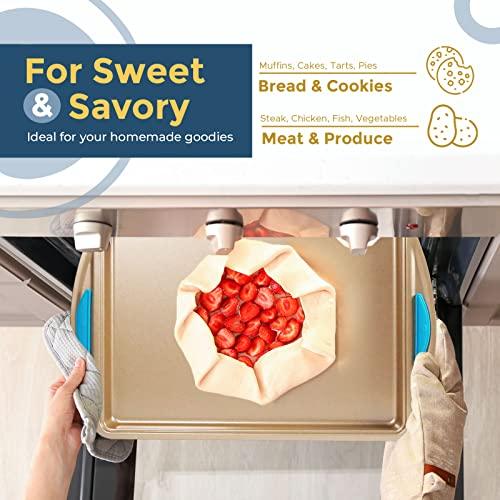 Perlli Cookie Sheet Baking Pan 2 Piece Set, Gold Nonstick Trays with Blue Silicone Hand Grips Oven Bakeware Pans Set, Premium Quality Carbon Steel Baking Tray Sheets - CookCave