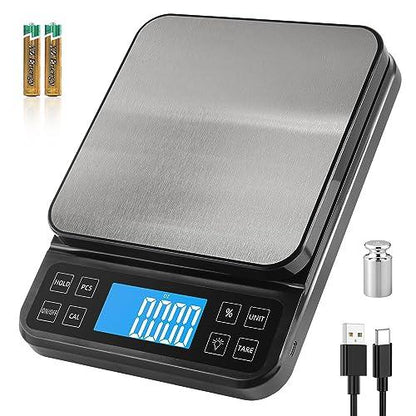 BOMATA Large Kitchen Scale with 0.1g/0.001oz High Precision, Bakery Scale with% Percentage Function, Capacity 5kg/11lbs, USB Rechargeable, Full-View Angle LCD with Backlight, Stainless Steel Pan - CookCave