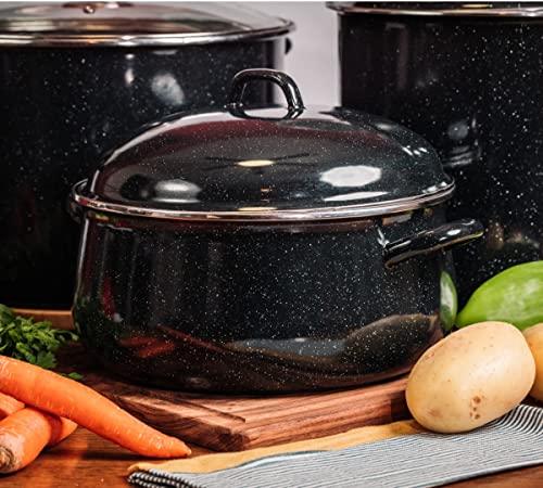 Granite Ware 9.5 Qt Heavy Gauge Dutch Oven with Lid. (Speckled Black) Enamelware. Stainless Steel. Suitable for Cooktops, Oven to Table. Dishwasher Safe. - CookCave