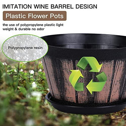 Quarut Plant Pots Set of 4 Pack 8 inch.Whiskey Barrel Planters with Drainage Holes & Saucer.Plastic Decor Flower Pots Imitation Wine Barrel Design,for Indoor & Outdoor Garden Home Plants (Brown) - CookCave