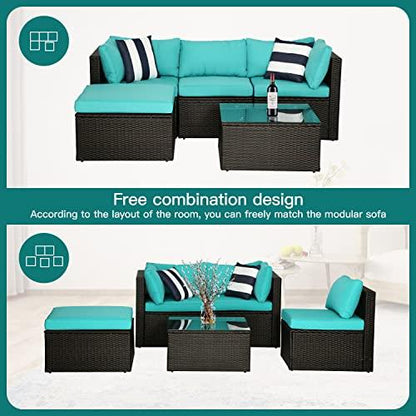 5 Pieces Rattan Patio Furniture Sets Modular Outdoor Conversation Sofa Set All Weather Wicker Sectional Sofa with 2 Corner Chair Armless Chair Ottoman Chair Glass Table 2 Pillow,Blue Cushion - CookCave