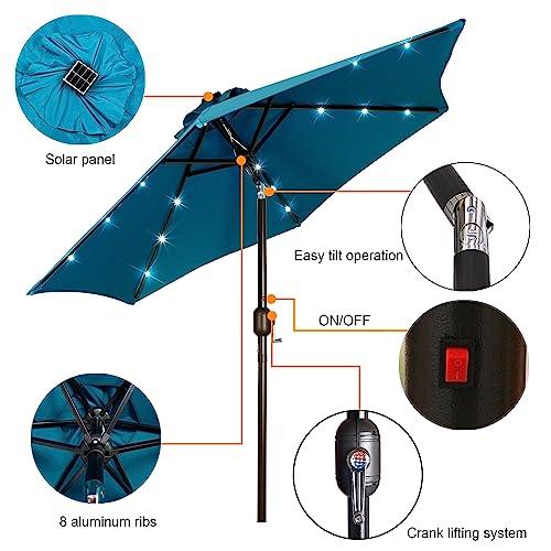 Blissun 7.5 ft Solar Umbrella 18 LED Lighted Patio Umbrella Table Market Umbrella with Tilt and Crank Outdoor Umbrella for Garden, Deck, Backyard, Pool and Beach (Cerulean) - CookCave