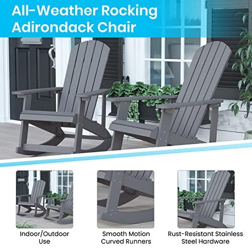 Flash Furniture Savannah Poly Resin Wood Adirondack Rocking Chair - All Weather Gray Polystyrene - Stainless Steel Hardware - CookCave