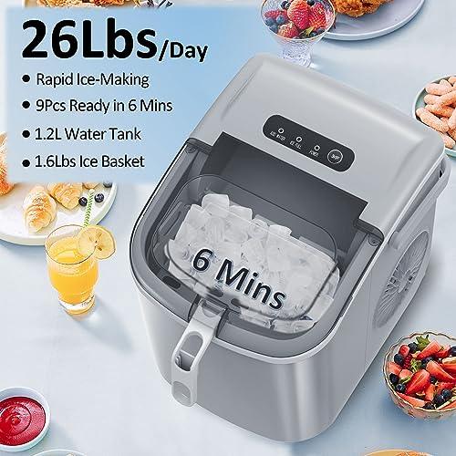 Antarctic Star Countertop Ice Maker Portable Ice Machine, Basket Handle,Self-Cleaning, 26Lbs/24H, 9 Ice Cubes Ready in 6 Mins, S/L ice, for Home Kitchen Bar Party (Gray) - CookCave