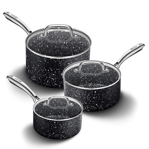 HLAFRG Nonstick Premium 3-Piece Saucepan Set with Glass Lids, Natural Durable Granite Coating, Nonstick, Durable & Oven Safe to 450°F, 1&2&3QT, Black - CookCave