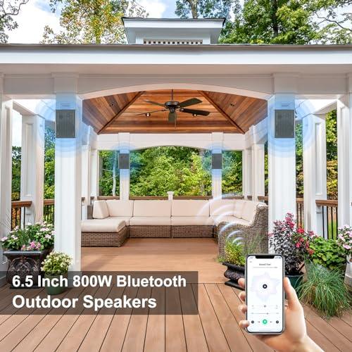 STUDIOFINIX 800W 6.5 Inch Outdoor Bluetooth Speakers Waterproof Wired with Multifunctional Amplifier Wall Mount Weatherproof Loudspeaker System for Patio Garden Poolside Home(4 Speakers,Black) - CookCave