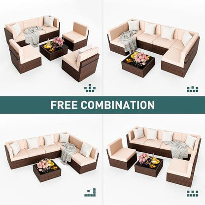 Pamapic Patio Furniture Set, 7 Pieces Modular Outdoor Sectional, Wicker Patio Sectional Sofa, Rattan Conversation Set with Coffee Table and Washable Cushions Covers, Brown Rattan(Beige Cushions) - CookCave