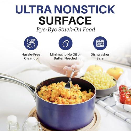 Granitestone Blue 2.5 Quart Small Sauce Pan with Lid, Sauce pot with Lid, Ultra Nonstick & Durable Diamond Reinforced Small Pots for Cooking, Saucepan with Lid & Stay Cool Handle, Dishwasher Safe - CookCave