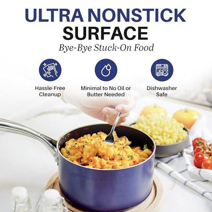 Granitestone Blue 2.5 Quart Small Sauce Pan with Lid, Sauce pot with Lid, Ultra Nonstick & Durable Diamond Reinforced Small Pots for Cooking, Saucepan with Lid & Stay Cool Handle, Dishwasher Safe - CookCave