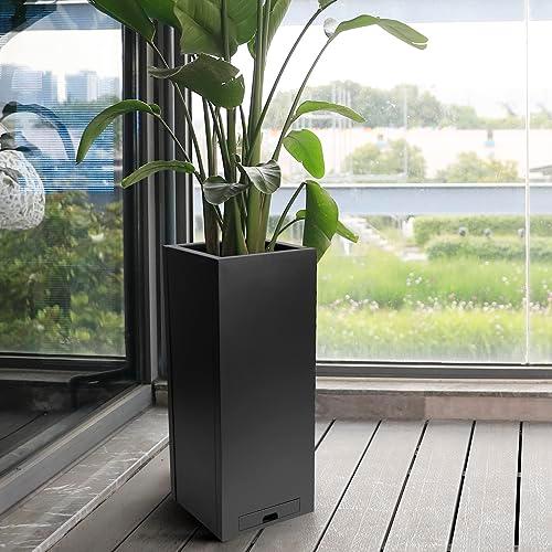 KOL Galvanized Steel Planter - 30" H. Black Powder Coated Rectangle Metal Planter Garden Box, Tall Heavy Duty Modern Flower Plant Pot - Indoor & Outdoor Commercial & Residential (12" Lx12 Wx30 H) - CookCave