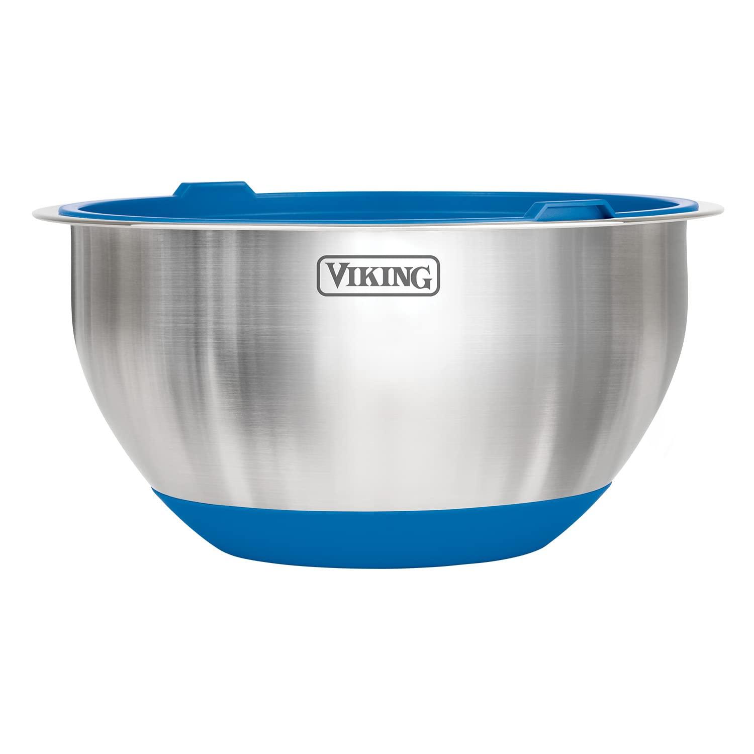 VIKING Culinary Stainless Steel Mixing Bowl Set, 10 piece, Non-slip Silicone Base, Includes Airtight Lids, Dishwasher Safe, Blue - CookCave