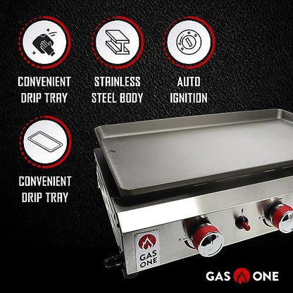 Gas One Flat Top Grill with 3 Burners – Auto Ignition Propane Portable Gas Grill – Premium Stainless Steel Body Tabletop Grill with Pre Season Griddle – Convenient Drip Tray – Ideal for RV, Camping - CookCave