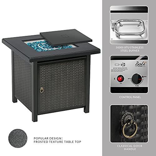 BALI OUTDOORS Gas Fire Pit Patio Furniture Table Propane Firepit, 28Inch Steel Tabletop Fire Pit with Cover Lid, Blue Glass Stone, 50,000BTU, Black - CookCave