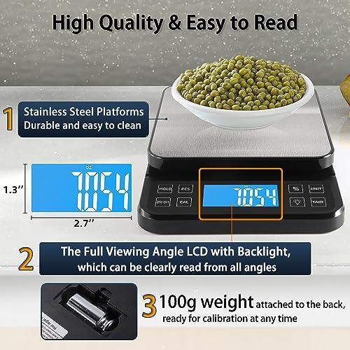 BOMATA Large Kitchen Scale with 0.1g/0.001oz High Precision, Bakery Scale with% Percentage Function, Capacity 5kg/11lbs, USB Rechargeable, Full-View Angle LCD with Backlight, Stainless Steel Pan - CookCave