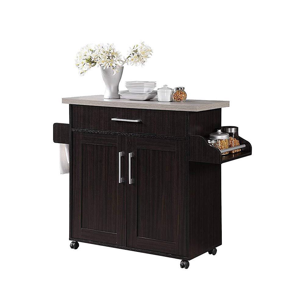 Hodedah Kitchen Island with Spice Rack, Towel Rack & Drawer, Chocolate with Grey Top - CookCave