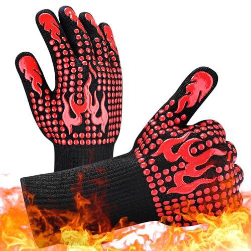 Heat Resistant BBQ Gloves, 1472℉ Extreme Grill Gloves, Non-Slip Silicone Insulated Kitchen Oven Mitts for Barbecue, Baking, Cooking, Camping, Smoker (1 Pair, Black) - CookCave