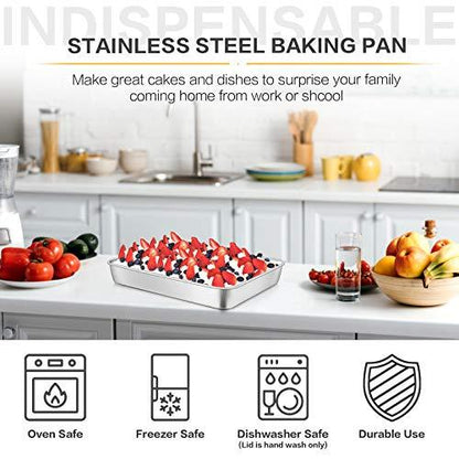 E-far Stainless Steel Baking Pan with Lid, 12⅓ x 9¾ x 2 Inch Rectangle Sheet Cake Pans with Covers Bakeware for Cakes Brownies Casseroles, Non-toxic & Healthy, Heavy Duty & Dishwasher Safe - Set of 2 - CookCave