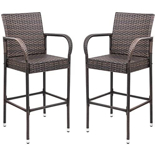 Homall Patio Bar Stools Wicker Barstools Indoor Outdoor Bar Stool Patio Furniture with Footrest and Armrest for Garden Pool Lawn Backyard Set of 2 (Brown) - CookCave