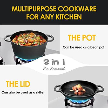 EDGING CASTING 2-in-1 Pre-Seasoned Cast Iron Dutch Oven Pot with Skillet Lid Cooking Pan, Cast Iron Skillet Cookware Pan Set with Dual Handles Indoor Outdoor for Bread, Frying, Baking, Camping, BBQ, 5QT - CookCave