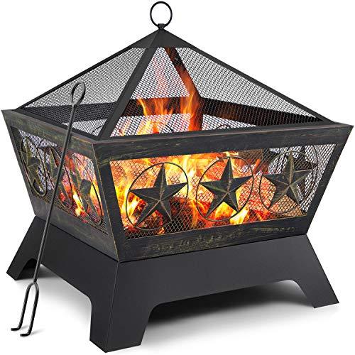 AMAGABELI GARDEN & HOME Fire Pit Outdoor Wood Burning 24in with Fireplace Poker Spark Screen Retardant Mesh Lid Rustproof Bronze - CookCave