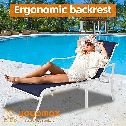 yoyomax Chaise Lounge Outdoor w/Adjustable Back in 5 Reclining Levels, Sturdy Metal Frame, Sunbathing Chair for Beach, Yard, Balcony, Poolside, Dark Blue - CookCave