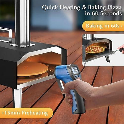 KitchenBoss Pizza Oven Wood Fired: Pellet Pizza Oven Outdoor Rapid Heating 12 inch, Portable Stainless Steel Pizza Grill with Rotating Stone and Complete Accessories for Outside Backyard Camping Black - CookCave